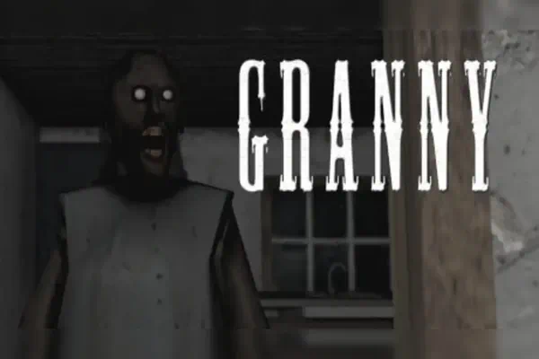 Granny horror game showing a dark, creepy house with the eerie figure of Granny lurking inside.