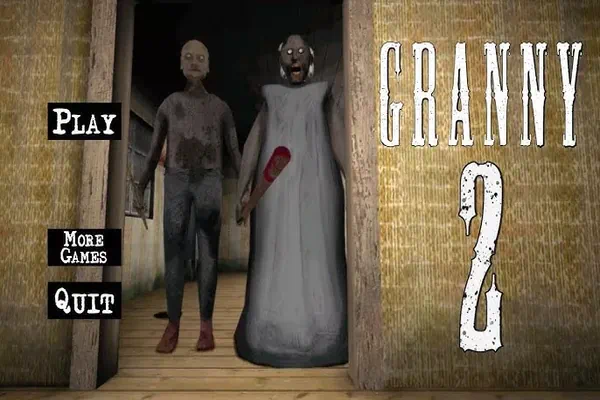 Granny 2 horror game featuring a dark house setting with Granny and Grandpa guarding every exit.